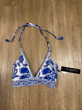 La Blanca White & Blue Floral Halter Bikini Top size 10